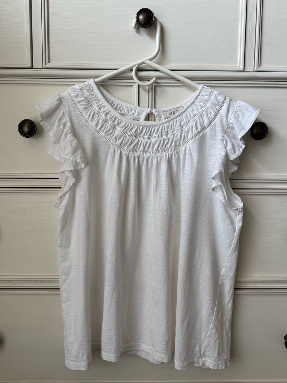 LOFT Outlet White Ruffle Sleeve Embroidered Top